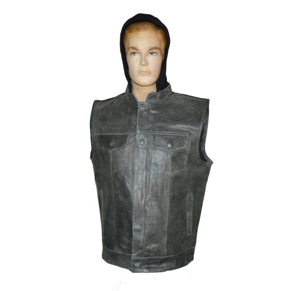 Mens Distressed Gray Motorcycle Club Leather Vest with Hood